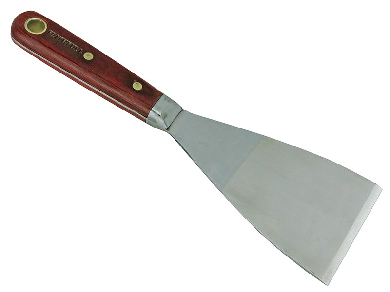 A 75mm flexible filling knife with a thin steel blade and a painted wooden or plastic handle, for applying and smoothing filler and caulk.