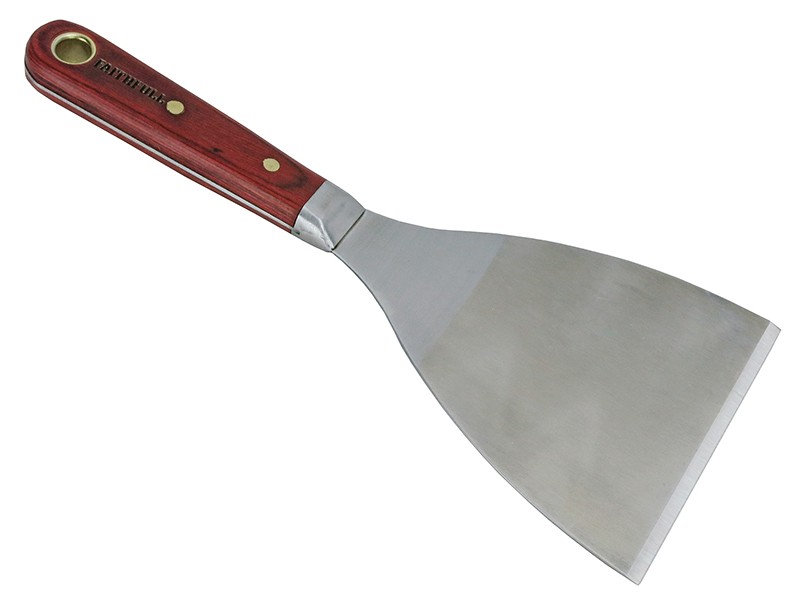 A 100mm flexible filling knife with a thin steel blade and a painted wooden or plastic handle, for applying and smoothing filler and caulk.