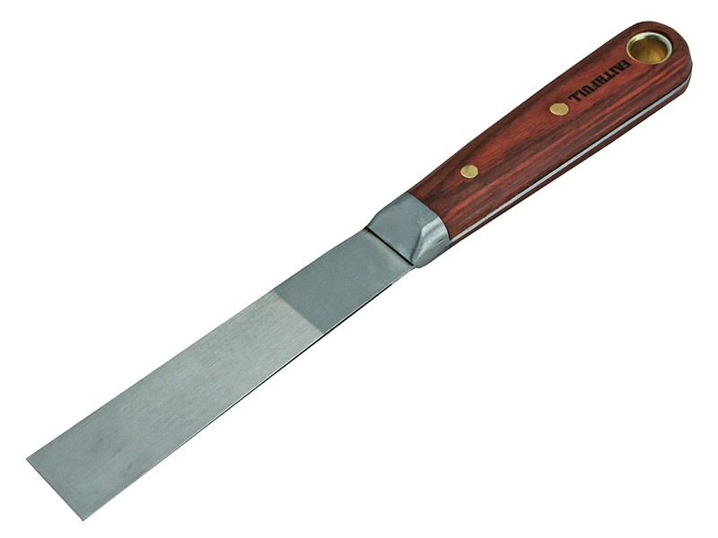 A 25mm flexible filling knife with a thin steel blade and a painted wooden or plastic handle, for applying and smoothing filler and caulk.