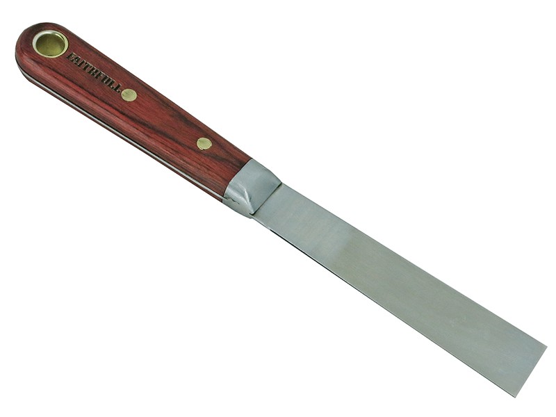 A 25mm flexible filling knife with a thin steel blade and a painted wooden or plastic handle, for applying and smoothing filler and caulk.