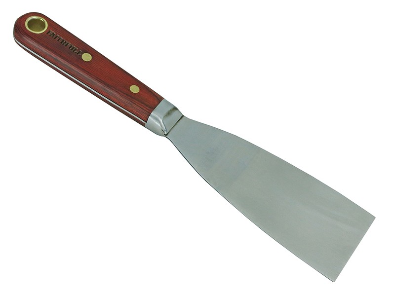 A 50mm flexible filling knife with a thin steel blade and a painted wooden or plastic handle, for applying and smoothing filler and caulk.