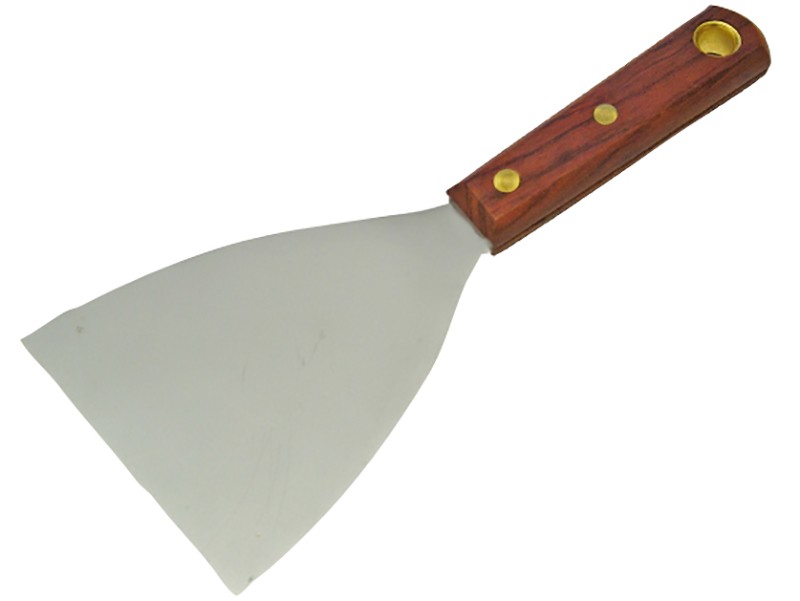 A 100mm flexible filling knife with a thin steel blade and a painted wooden or plastic handle, for applying and smoothing filler and caulk.