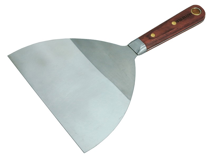 A 150mm flexible filling knife with a thin steel blade and a painted wooden or plastic handle, for applying and smoothing filler and caulk.