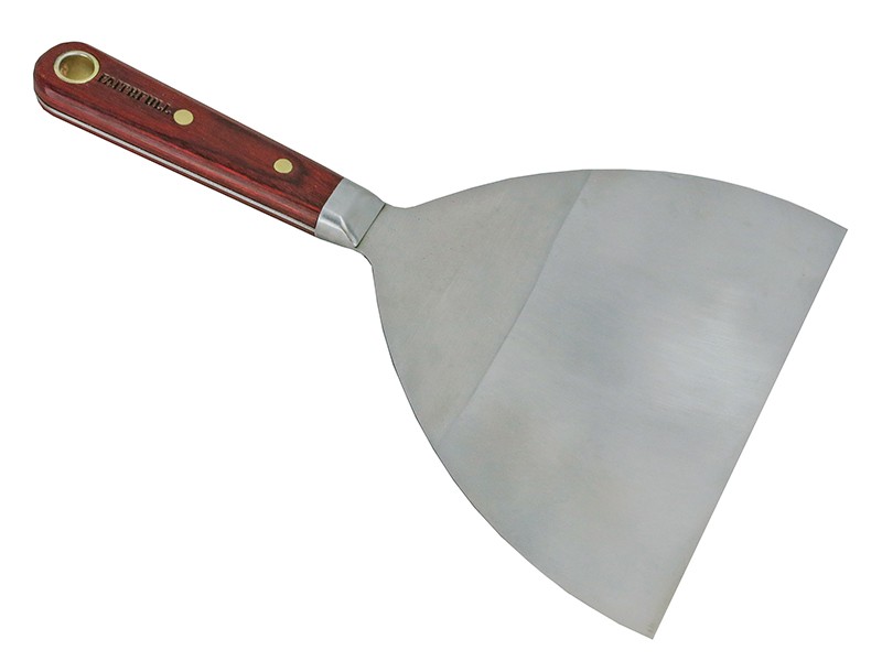A 150mm flexible filling knife with a thin steel blade and a painted wooden or plastic handle, for applying and smoothing filler and caulk.