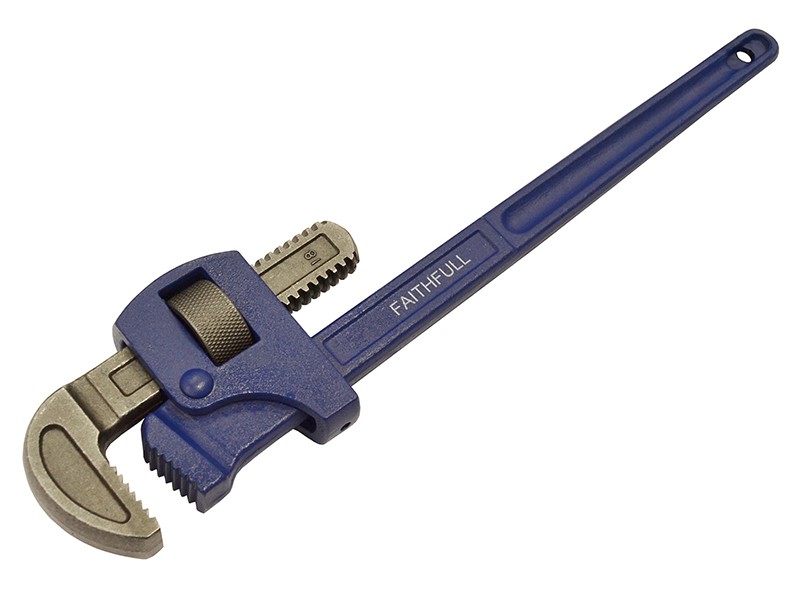 A blue and silver metal pipe wrench with an adjustable jaw, a textured grip, and the brand name FAITHFULL printed on the handle.