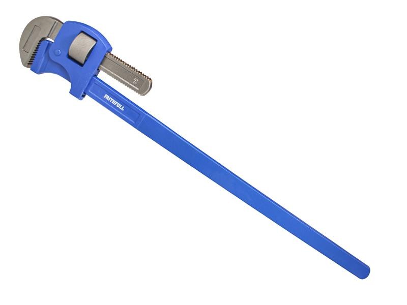 A blue pipe wrench with a long handle and adjustable metal jaw, displayed on a white background.