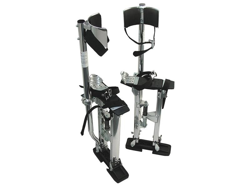 A pair of adjustable drywall stilts made of metal with black footplates, calf supports, and straps, designed for construction or painting work to reach higher areas safely.