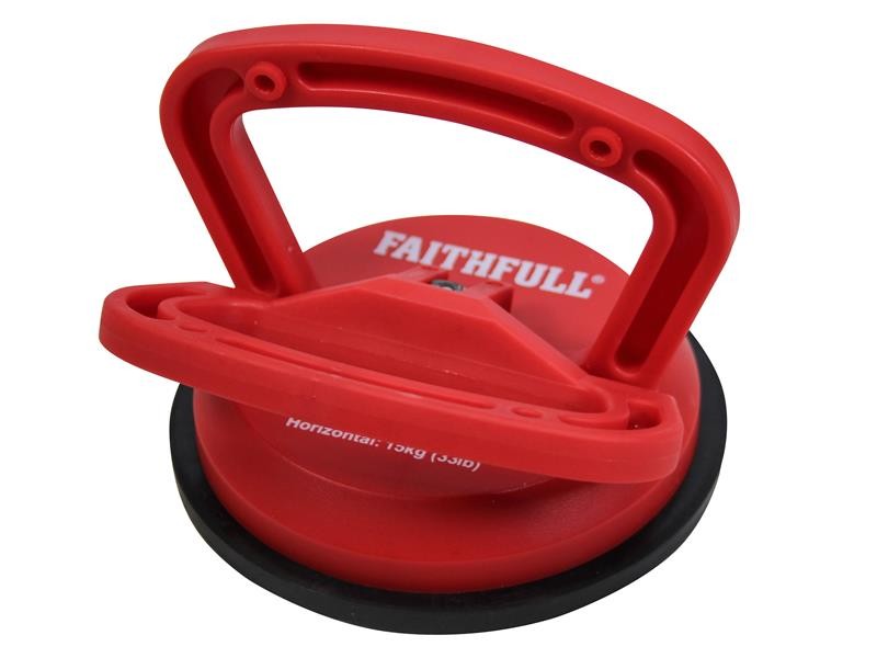 Red Faithfull brand suction cup lifter with dual handles, designed for lifting and handling smooth, non-porous materials like glass or tiles. The base is black, and the handles are positioned for a secure grip.