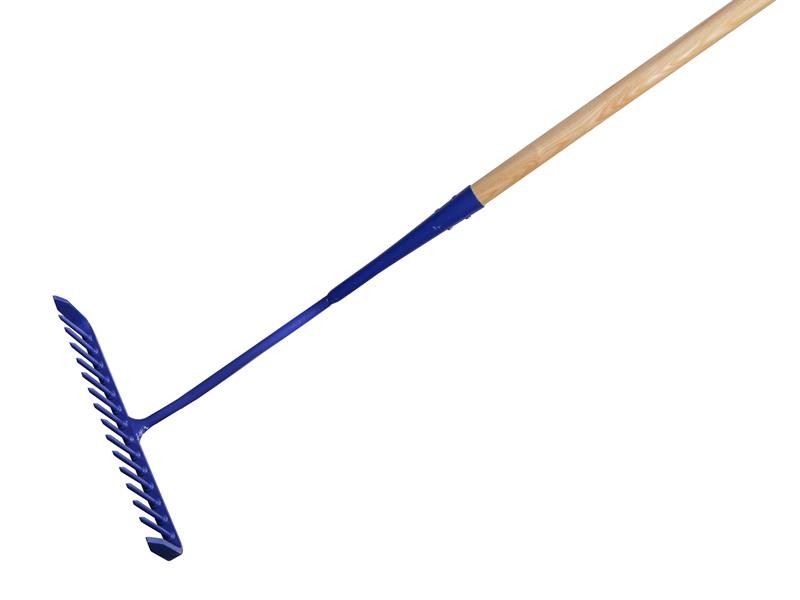 A Faithfull garden rake with multiple hardened steel tines and a long wooden handle, for levelling soil and clearing debris.