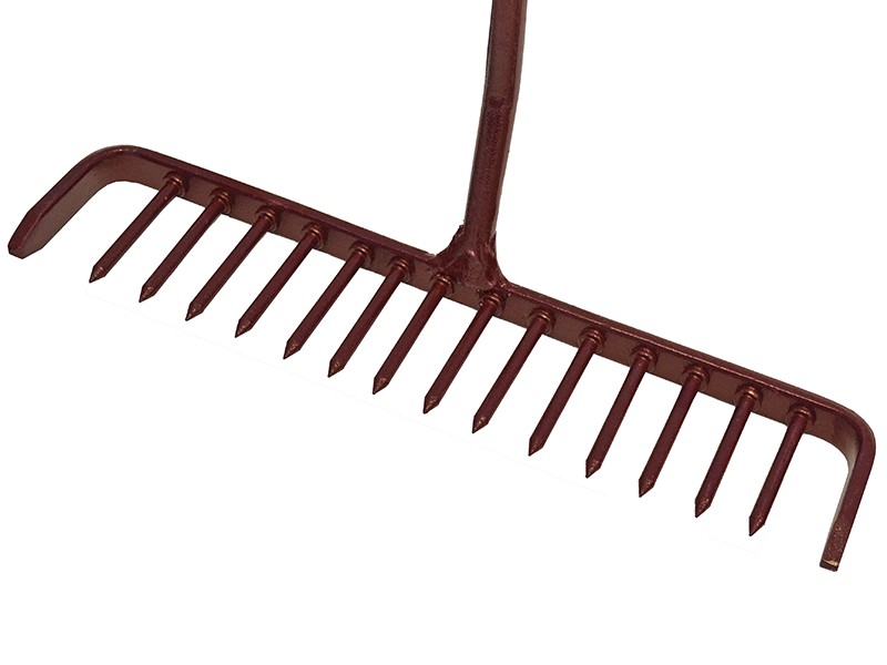 A Faithfull garden rake with multiple hardened steel tines and a long wooden handle, for levelling soil and clearing debris.