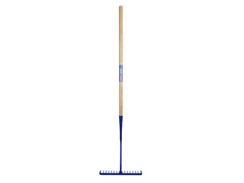 A garden rake with a long wooden handle and a blue metal head featuring evenly spaced tines, shown against a plain white background.