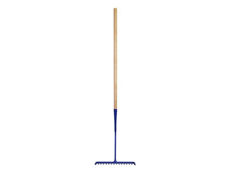 A garden rake with a long wooden handle and a blue metal head, featuring straight tines, is pictured against a plain white background.