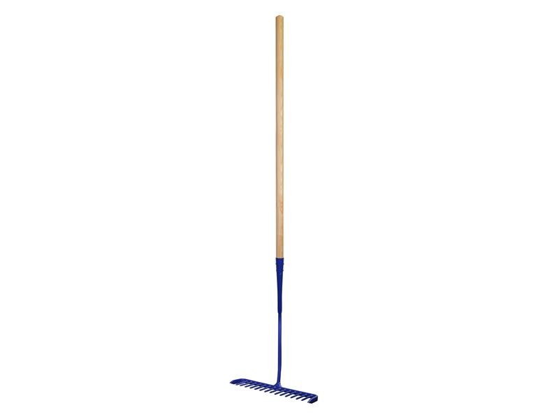 A garden rake with a long wooden handle and a blue metal head featuring straight, evenly spaced tines.