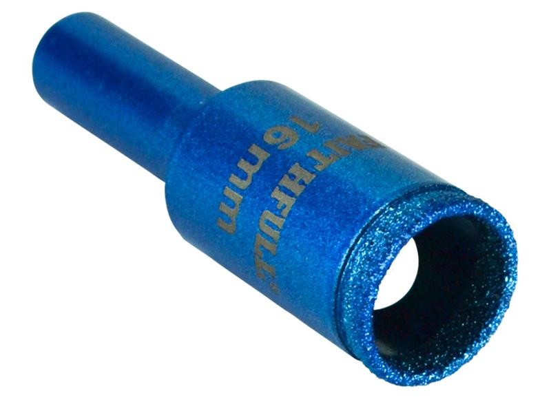 A bi-metal 16mm hole saw with hardened teeth and a centre drill-bit pilot, for cutting large-diameter holes in timber, metal, and plastic.
