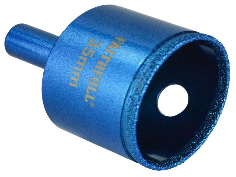 A bi-metal 35mm hole saw with hardened teeth and a centre drill-bit pilot, for cutting large-diameter holes in timber, metal, and plastic.