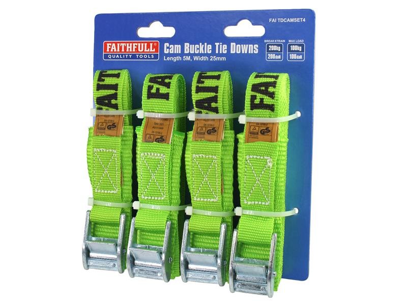 Four green Faithfull cam buckle tie down straps on a blue retail card. Each strap has a metal buckle and black branding. Packaging details indicate length 5m, width 25mm, and max load of 180kg.