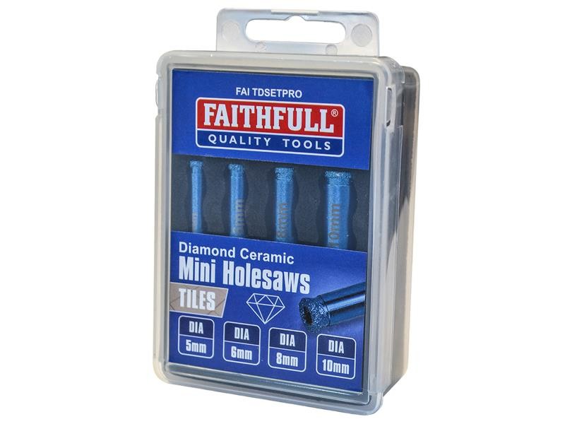 A plastic case containing four Faithfull brand diamond ceramic mini holesaws for tiles, labeled with sizes 5mm, 6mm, 8mm, and 10mm, with blue tools visible inside through the clear front.