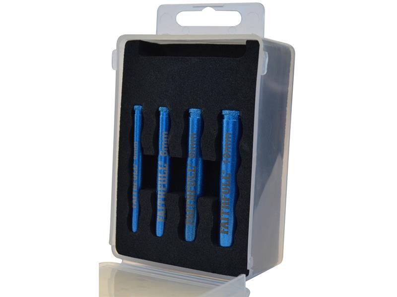 A plastic case with a foam insert holds four blue metal tools, each labeled with a size, arranged vertically in individual slots. The case is partially open and has a transparent front.
