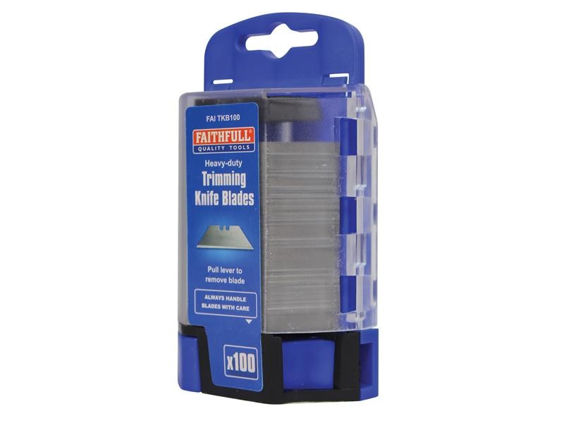 A blue and clear plastic dispenser containing 100 Faithfull heavy-duty trimming knife blades, with a pull lever to remove blades and safety instructions printed on the packaging.
