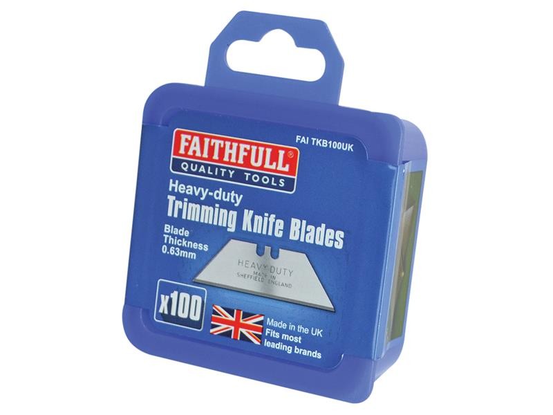 A blue plastic pack of Faithfull heavy-duty trimming knife blades, containing 100 blades with a thickness of 0.63mm. The packaging displays UK branding and a visible blade inside.