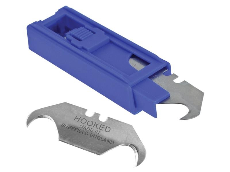 A blue plastic handle with a sliding mechanism and a removable metal blade labeled HOOKED MADE IN SHEFFIELD ENGLAND, featuring two hooked cutting edges.