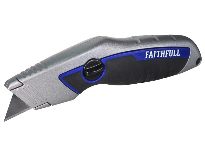 A retractable utility knife with a rubberised or plastic body, a locking mechanism, and replaceable snap-off blade segments.