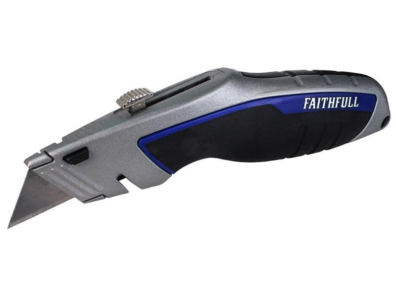 A Faithfull retractable tape measure with a blade, a rubberised case, and a belt clip, for general site measurement.