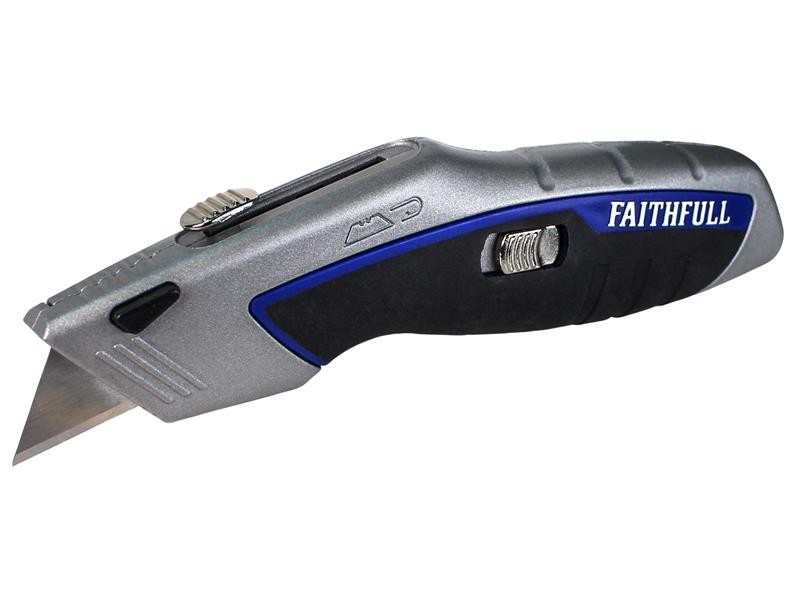 A retractable utility knife with a rubberised or plastic body, a locking mechanism, and replaceable snap-off blade segments.