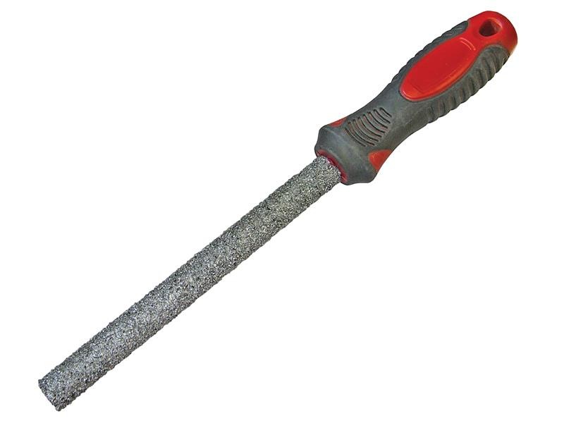 A Faithfull round file with a hardened steel abrasive surface and a turned wooden or synthetic handle, for shaping and deburring metal.