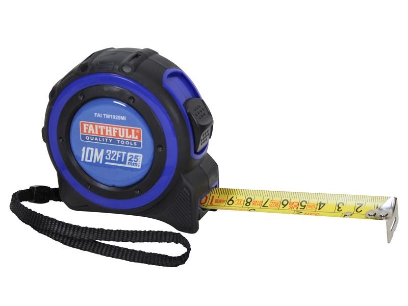 A Faithfull 1025m retractable tape measure with a 25mm-wide blade, a rubberised case, and a belt clip, for general site measurement.