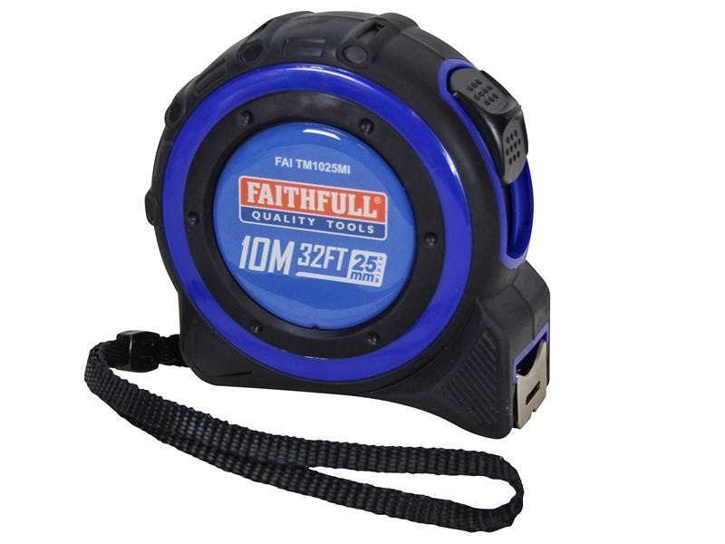 A Faithfull 1025m retractable tape measure with a 25mm-wide blade, a rubberised case, and a belt clip, for general site measurement.