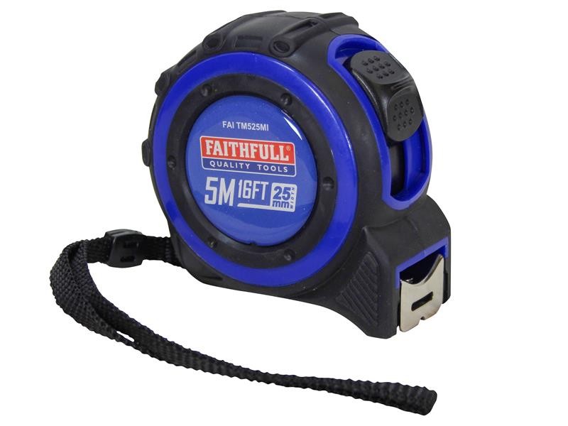 A Faithfull 525m retractable tape measure with a 25mm-wide blade, a rubberised case, and a belt clip, for general site measurement.