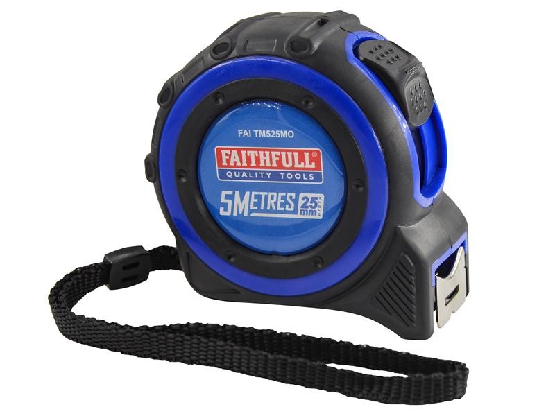 A Faithfull 525m retractable tape measure with a 25mm-wide blade, a rubberised case, and a belt clip, for general site measurement.
