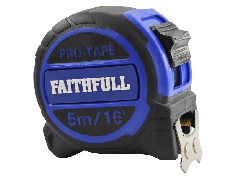 A Faithfull 532m retractable tape measure with a 32mm-wide blade, a rubberised case, and a belt clip, for general site measurement.