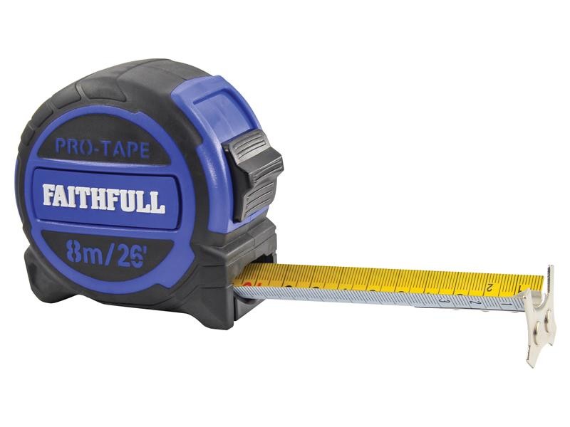 A Faithfull 832m retractable tape measure with a 32mm-wide blade, a rubberised case, and a belt clip, for general site measurement.