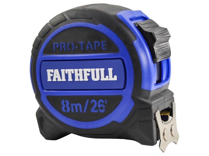 A Faithfull 832m retractable tape measure with a 32mm-wide blade, a rubberised case, and a belt clip, for general site measurement.