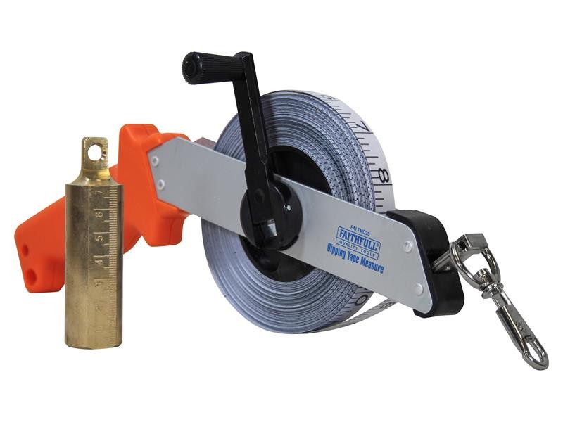 A Faithfull 30m retractable tape measure with a blade, a rubberised case, and a belt clip, for general site measurement.