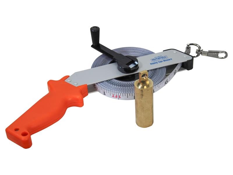 A Faithfull 30m retractable tape measure with a blade, a rubberised case, and a belt clip, for general site measurement.