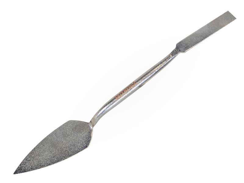 A Faithfull trowel with a polished steel blade and an ergonomic handle, for applying and finishing mortar, plaster, and adhesive.