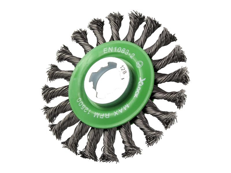 A wire brush with steel or brass bristle rows in a wooden or plastic handle, for removing rust, scale, and surface contaminants from metal.
