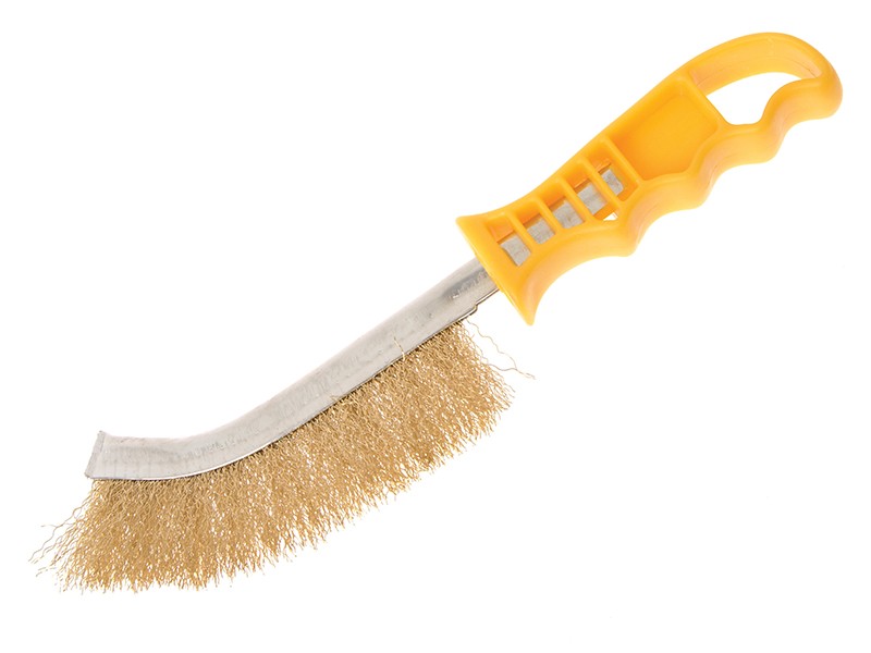 A wire brush with steel or brass bristle rows in a wooden or plastic handle, for removing rust, scale, and surface contaminants from metal.