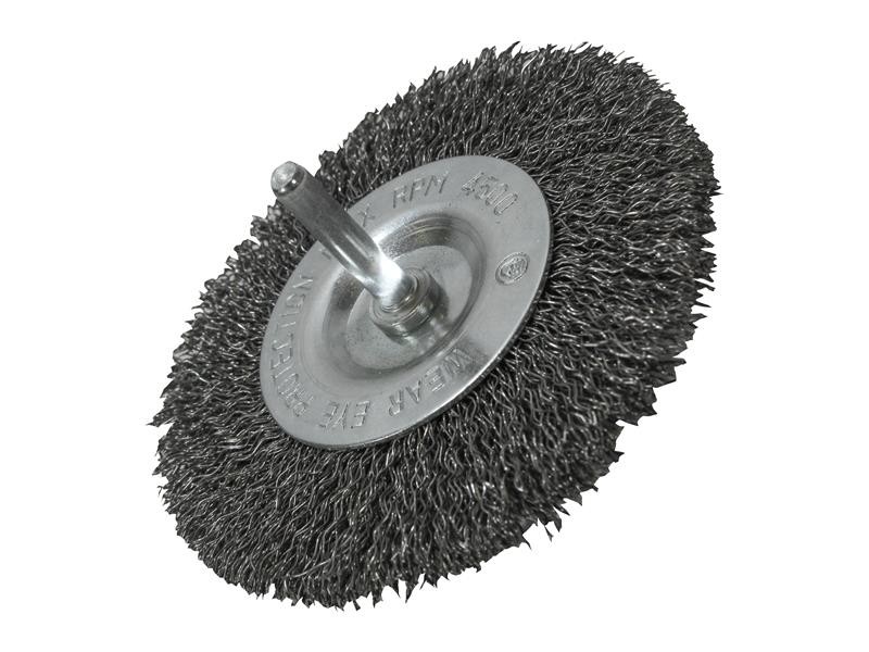 A wire brush with steel or brass bristle rows in a wooden or plastic handle, for removing rust, scale, and surface contaminants from metal.