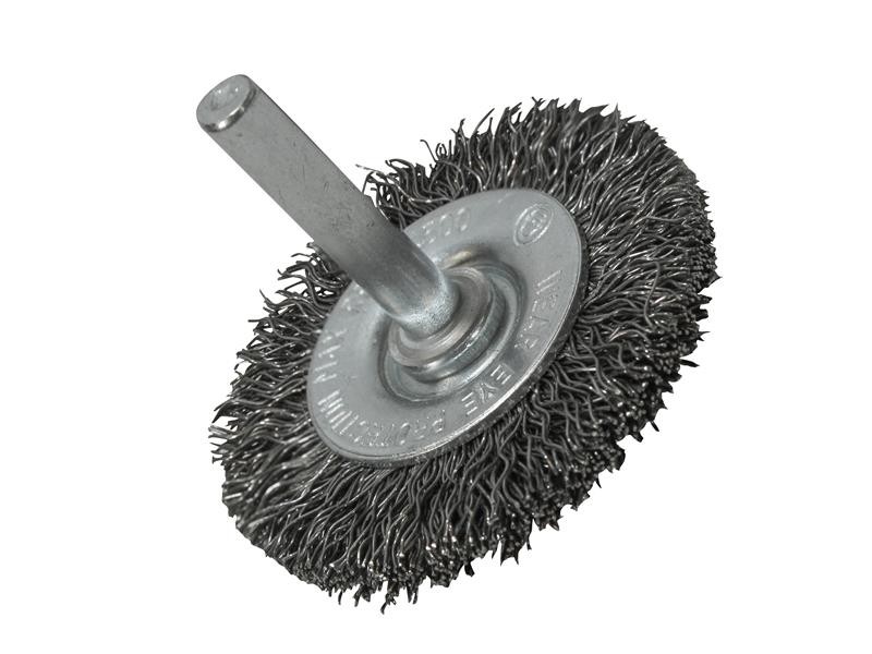 A wire brush with steel or brass bristle rows in a wooden or plastic handle, for removing rust, scale, and surface contaminants from metal.