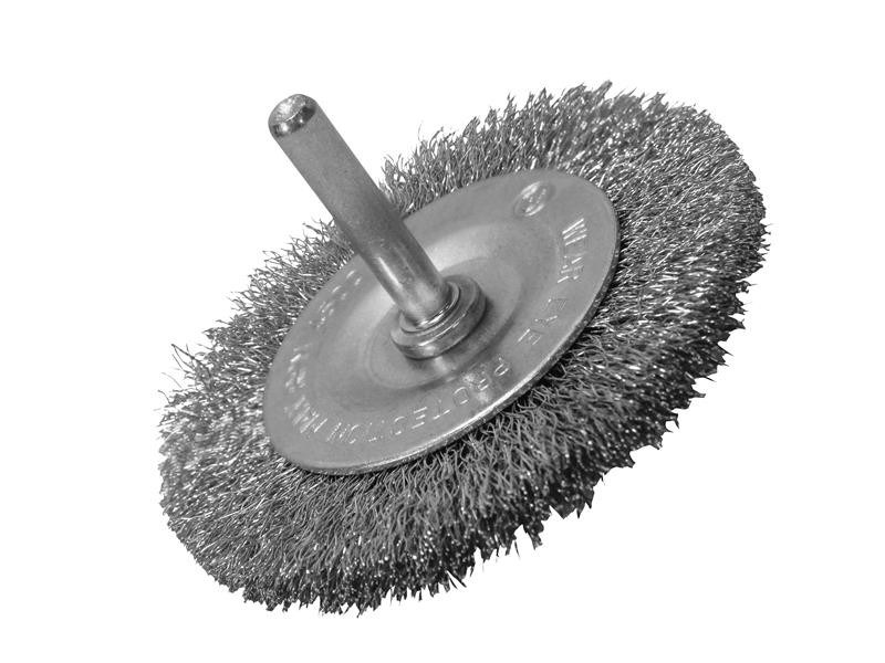 A wire brush with steel or brass bristle rows in a wooden or plastic handle, for removing rust, scale, and surface contaminants from metal.