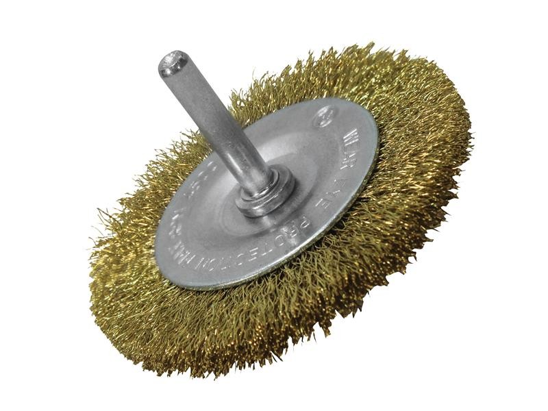 A wire brush with steel or brass bristle rows in a wooden or plastic handle, for removing rust, scale, and surface contaminants from metal.