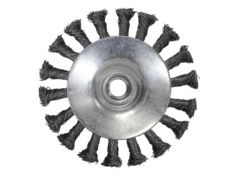A wire brush with steel or brass bristle rows in a wooden or plastic handle, for removing rust, scale, and surface contaminants from metal.