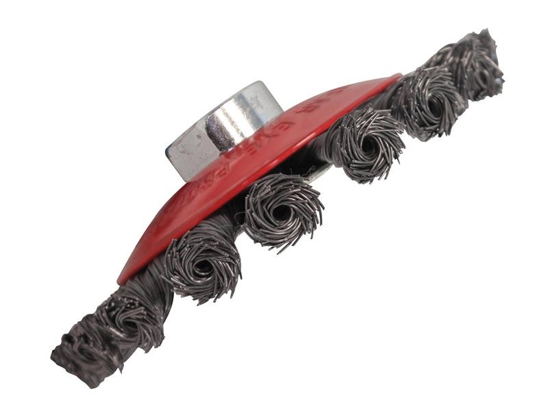 A wire brush with steel or brass bristle rows in a wooden or plastic handle, for removing rust, scale, and surface contaminants from metal.