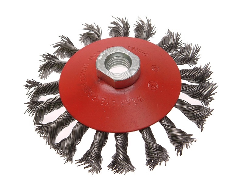 A wire brush with steel or brass bristle rows in a wooden or plastic handle, for removing rust, scale, and surface contaminants from metal.