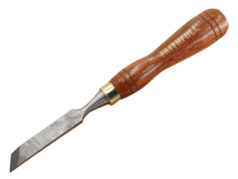 A hardened steel chisel with a bevelled cutting edge and a square-section body, for cutting stone, brick, or timber.