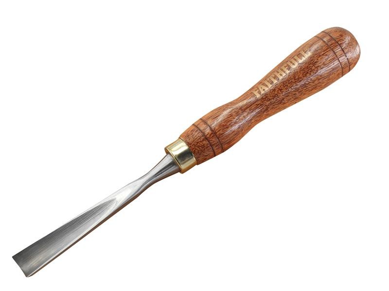 A hardened steel chisel with a bevelled cutting edge and a square-section body, for cutting stone, brick, or timber.